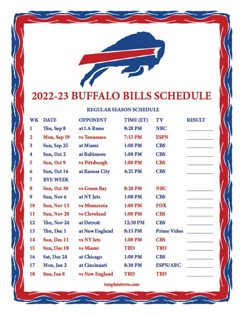 Bills Printable Schedule